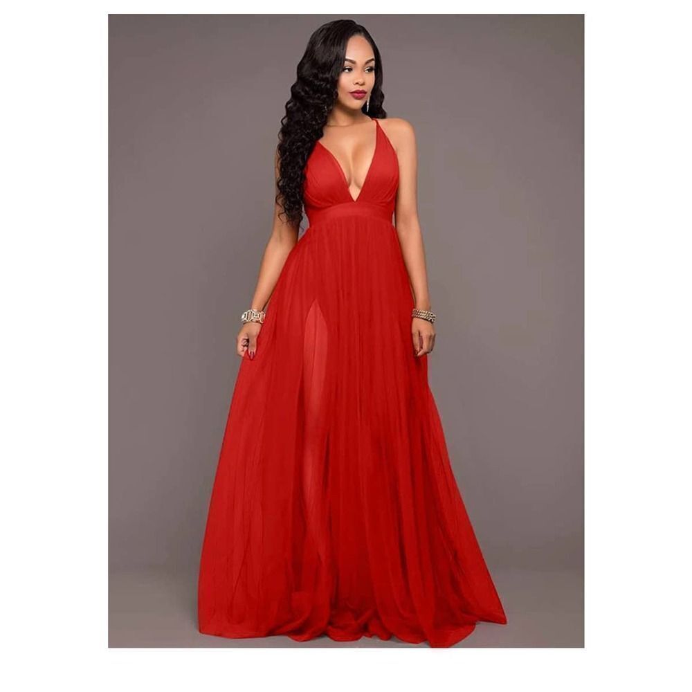 XXTAXN Women's Sexy Deep V Neck Split Dress